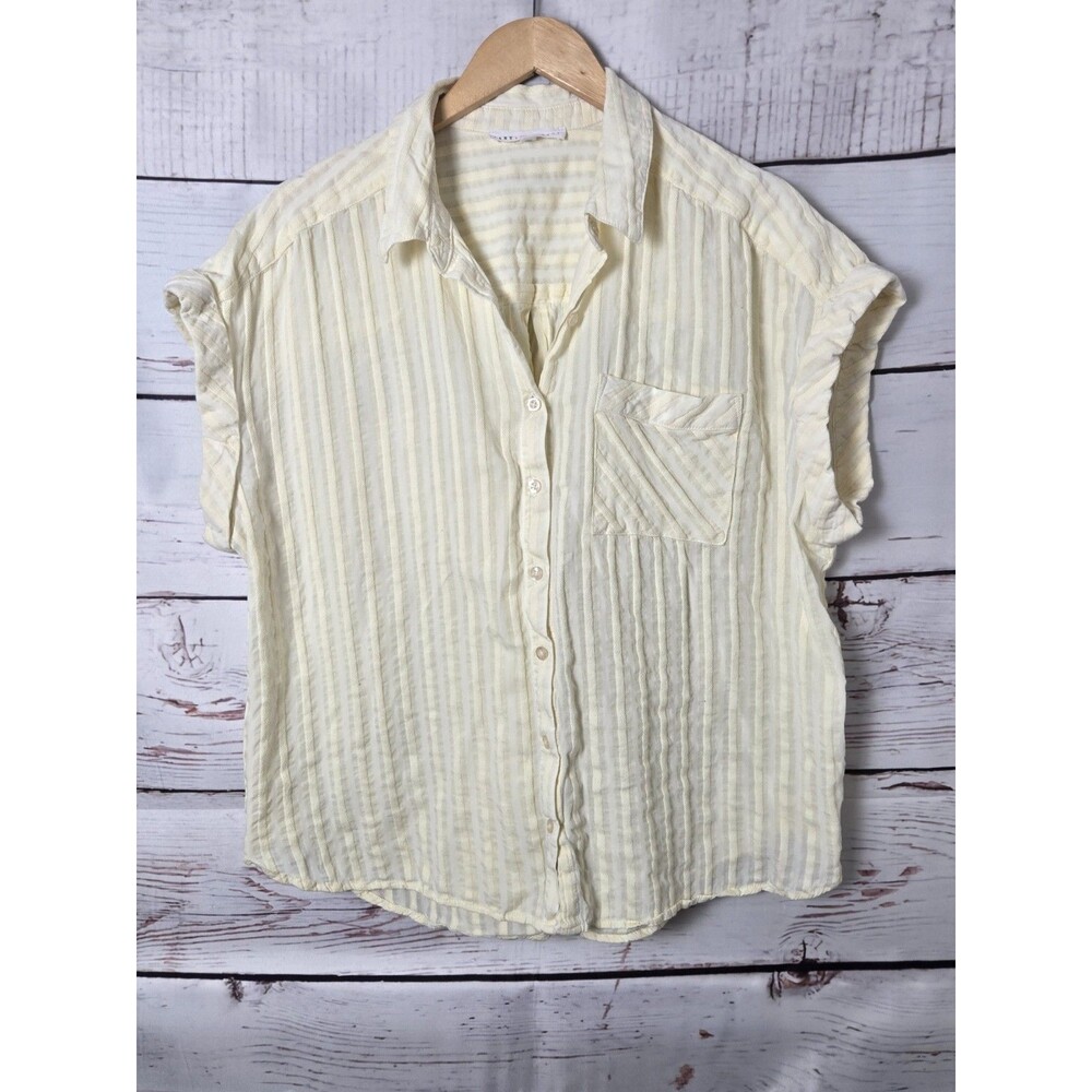 Jane + Delancey Womens Top Size 1X Yellow Striped Button Up Cap Sleeve Pocket